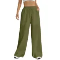 Pantaloni lunghi larghi casual da donna tinta unita con coulisse e tasche verde - Verde militare