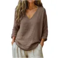 Casual loose V-neck long sleeve linen blouse for women, comfortable spring summer top. - S / Tops / Brown