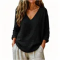 Women casual loose black V-neck long sleeve cotton linen top, comfortable daily wear blouse. - S / Tops / Black