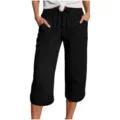 Women's Casual Black Cropped Pants Drawstring Linen Capris Rolled Cuff Loose Fit Style - S / Black