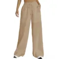 Pantaloni casual color cachi con coulisse e tasche per donna, stile comodo quotidiano - Cammello
