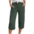 Women's casual linen blend capri pants with elastic waist and pockets for summer wear. - S / Dark Green