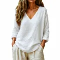 Casual loose V-neck long sleeve linen blouse for women, stylish spring summer daily wear top. - S / Tops / White
