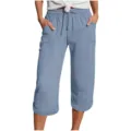 Casual cotton linen cropped pants for women, elastic waist pocket capris in light blue. - S / Light Blue