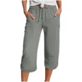 Casual grey linen cropped pants with elastic drawstring waist and side pockets for women. - S / Khaki