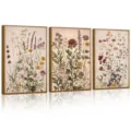 Botanical canvas wall art detail, three-panel framed floral prints with wooden frame decor. - 30x40cm / PS Frame + Canvas