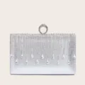 Silberne Strass-Quasten-Abendtasche, elegante Party-Handtasche mit Ring-Tragegriff. - 19.5*12*3CM / Silber