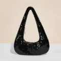 Schwarze metallische Mesh Hobo Tasche, elegante Pailletten Unterarmtasche für Damen Party. - Schwarz / 26*33*3CM
