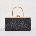 Elegante schwarze Glitzer Abendtasche mit goldenem runden Griff für Damenpartys. - Schwarz