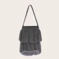 Elegante schwarze Strass-Eimer Tasche mit mehreren Lagen, glänzende Abendtasche für Damen. - Schwarz