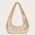 Goldene Metallische Mesh Hobo Tasche, Glänzende Pailletten Halbmond Schultertasche Abend - 26x33x3cm / Gold