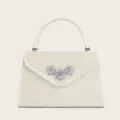 Elegante Satin Abendtasche mit glitzerndem Kristallblumen Dekor für elegante Partys. - 24*15.5*6.5cm / Champagner