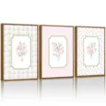 Detail view of the elegant 3-piece pink floral canvas wall art set with wooden frames. - Bohemian Pink Floral Style (KH03) / Canvas Core + PS Frame / 30x40cm
