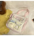 Niedliche Canvas Umhängetasche große Kapazität lässige Studententasche mit vielen Taschen - Schultertasche (Ohne Anhänger) / Rosa & Gelb