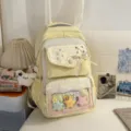 Süßer japanischer Karo-Ita-Rucksack mit klarem Sichtfenster, gelber Schultasche für Teens. - Mit Anhänger-Set / Gelb