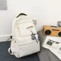 Sac à dos étudiant blanc décontracté de grande capacité avec joli pendentif ours pour l'école. - Blanc avec pendentif