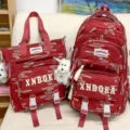Stilvoller roter Canvas Rucksack und Handtaschen Set, geräumige Schultasche für Studenten. - Zweiteiliges Set in Rot mit Plüschhund mit Halskette