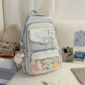 Japanischer Stil Ita Rucksack süße Schultasche mit transparentem Fenster und Karo Schleife. - Mit Anhänger-Set / Blau
