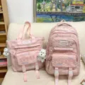 Rosa koreanischer schulrucksack und handtasche set mit süßem anhänger für schüler. - Zweiteiliges Set in Rosa mit Plüschhund mit Halskette