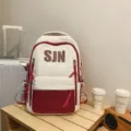 White red colorblock school backpack with SJN letter print large capacity casual daypack - Red Backpack [no Accessories]