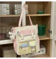 Süßer College Stil großer Kapazität Canvas Rucksack mit mehreren multifunktionalen Taschen für Alltag. - Shoulder Bag with Charm / Rosa & Gelb