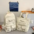 Niedlicher Canvas Rucksack und Shopper Set für Studenten, große Kapazität Alltagsfreizeit. - 2-Teiliges Set Mit Anhänger / Weiß