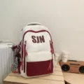 Fashionable white and maroon large capacity backpack student school bag with SJN print. - Red Backpack With Charm