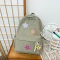 Corduroy backpack for teen girls, cute plaid star patches school bag, casual cute daypack - L / 31x41x12cm / Khaki