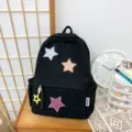 Black corduroy backpack with cute star patches and a small star pendant for daily use. - L / 31x41x12cm / Black