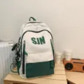 Stylish large capacity white and green school backpack for students, casual daily casual bag. - Green Backpack With Keychain