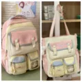 Süßer College-Stil Multi-Taschen-Rucksack und modische Umhängetasche für die Schule - 2-Teiliges Set Mit Anhänger / Rosa & Gelb