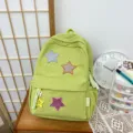 Green corduroy backpack with cute star patches, casual school bag for daily travel use. - L / 31x41x12cm / Green