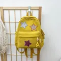 Cute yellow corduroy backpack for teen girls, retro star patch school bookbag casual daypack - S / 26x30x10cm / Yellow