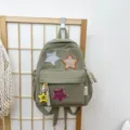 Cute corduroy backpack with star patches and charm, sweet style school bag for daily use. - S / 26x30x10cm / Khaki