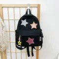 Black corduroy mini backpack, Japanese style cute star patches daily school shoulder bag. - S / 26x30x10cm / Black