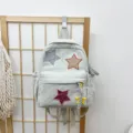 Grey corduroy backpack, cute Japanese style school bag with star patches, variant grey. - S / 26x30x10cm / White