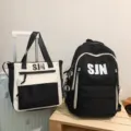 Canvas school backpack and tote bag set large capacity black white student bags stylish - Two-Piece Set (With Pendant) / Backpack + Handbag / Black 2-Piece Set