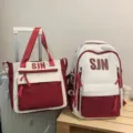 Red white canvas backpack tote bag set, large capacity school bag two-piece for daily use. - 2-Piece Set in Red with Pendant