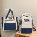 Trendy large capacity school backpack and tote bag two-piece set for student daily use - 2-Piece Set in Blue with Pendant