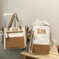 Backpack and Tote Bag Set White Khaki Two Piece School Bag Large Capacity Daypack - 2-Piece Set in Khaki with Pendant