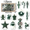 12stuks donkergroen geflokte kerstboom hangende ornamenten set, gevormde vakantie decor. - Set van 12 / Donkergroen