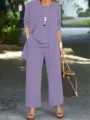 Casual purple three-piece women's suit featuring a cardigan, sleeveless top, and wide-leg trousers. - S / Set / Light Purple