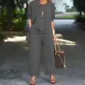 Casual 3-piece women's grey suit featuring an open-front cardigan, tank top, and wide-leg trousers. - S / Set / Dark Gray
