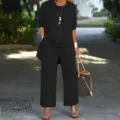 Women black 3-piece casual suit featuring cardigan jacket, tank top and straight leg pants. - S / Set / Black