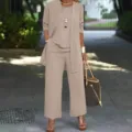 Women 3 Piece Casual Pants Set Open Front Cardigan Tank Top Straight Leg Suit Khaki - S / Set / Nude