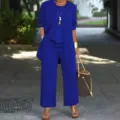 European style women's 3-piece casual suit including cardigan vest and wide leg pants - S / Set / Blue
