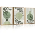 Closeup detail view of modern boho green plant line art framed canvas wall art, set of 3. - 40x60cm / Three Piece Set (KH28)