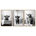 Set van 3 Highland koe canvas schilderijen, zwart-witte badkamer wanddecoratie met houten lijst. - 20x30cm / Hooglandkoe Badkamer Drieluik / BK2196 (Alleen Canvas)