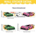 Detailed view of cartoon racing car wall stickers with dimensions and set layout specifications. - Green Pink Racing Style (UV26Y80833T_R) / 90X30cm*2 Sheets