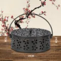 Portainciensos de metal negro contra mosquitos, tapa floral hueca, asa, 14x7cm. - Estilo Antiguo Flor de Ciruelo / Negro